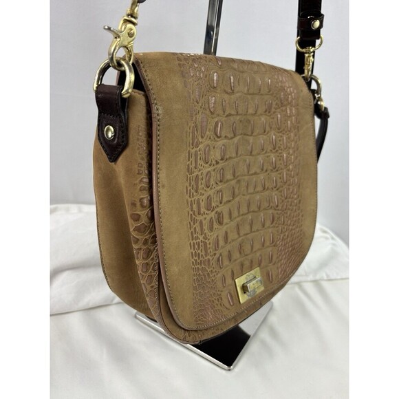 Brahmin Sonny Shoulder Crossbody Flap Bag Tan Croc Embossed Nubuck Leather - Picture 10 of 16